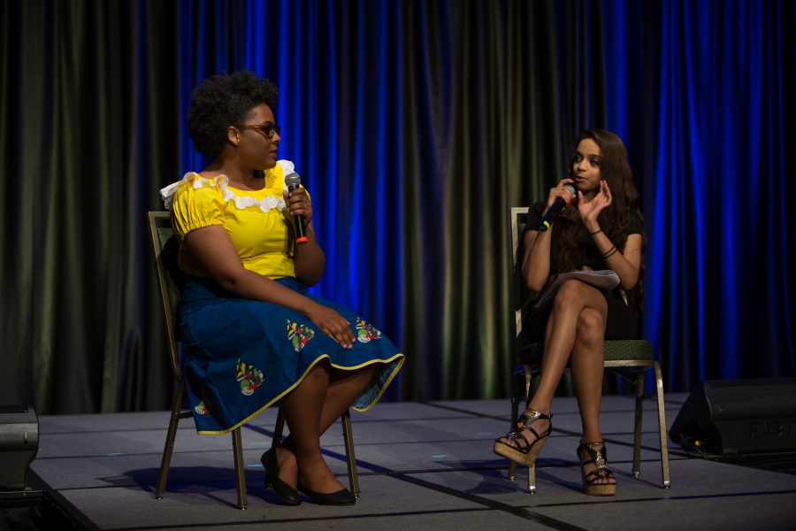 A representative from the The British Virgin Islands is interviewed during the Council of International Student Affairs organized fashion show. (Davis Bonner | Collegian)