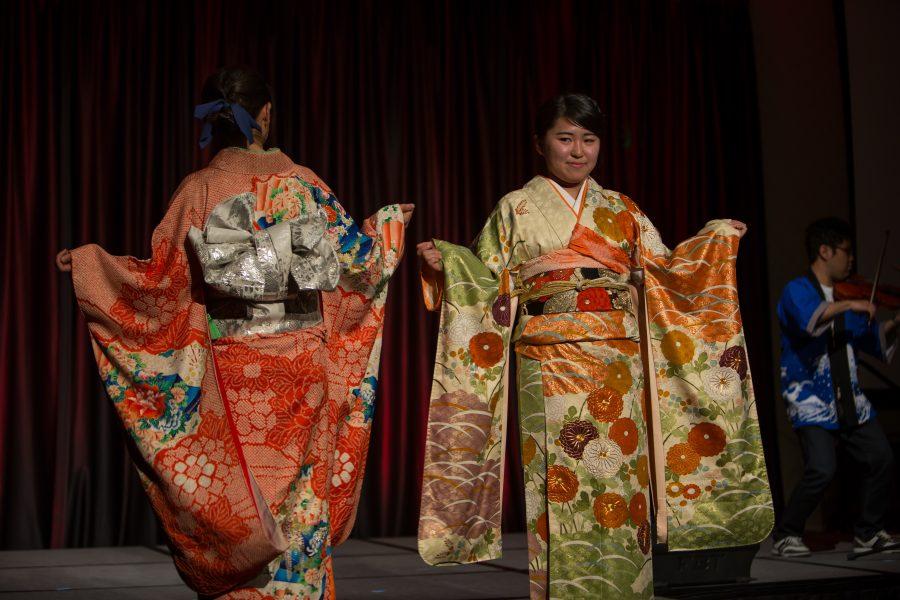 Representatives from Japan display their cultural dress during the Council of International Student Affairs organized fashion show. (Davis Bonner | Collegian)