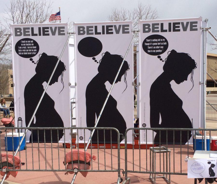 Stop and Think, an exhibit by Justice For All, will be discussing issues of abortion and feminism on the Plaza until Wednesday. (Leta McWilliams | Collegian)