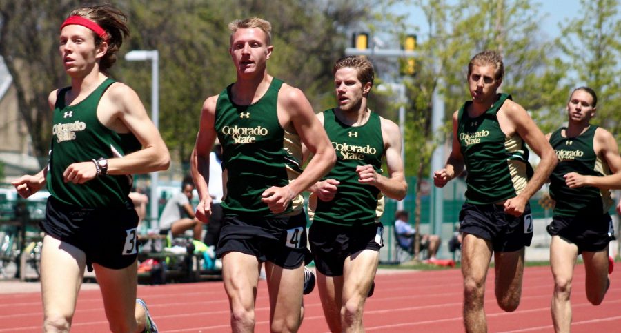 A group of CSU distance Track athletes run in a pack for the duration of the 1,500 meter race  at the Rams vs. Cowboys Track meet on Friday May 5, 2017. Athletes from left to right, Sophomores Carson Hume and Trent Powell, Seniors Adam Hartman and Ricardo Kaempfen and Sophomore Eli Oftedal. (Matt Begeman | Collegian)