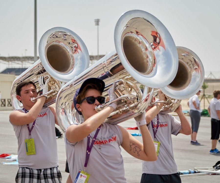Kelci Hartz rehearses with the Blue Knights Drum and Bugle Corps in Manama, Bahrain in preperation for the Formula 1 opening ceremonies. (Photo Courtesy of Chris Pascke/Ascend Performing Arts)