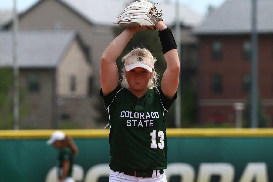 Colorado State pitcher Bridgette Hutton prepares to pitch during the third inning against South Dakota on Sunday May 7, 2017. (Elliott Jerge | Collegian)