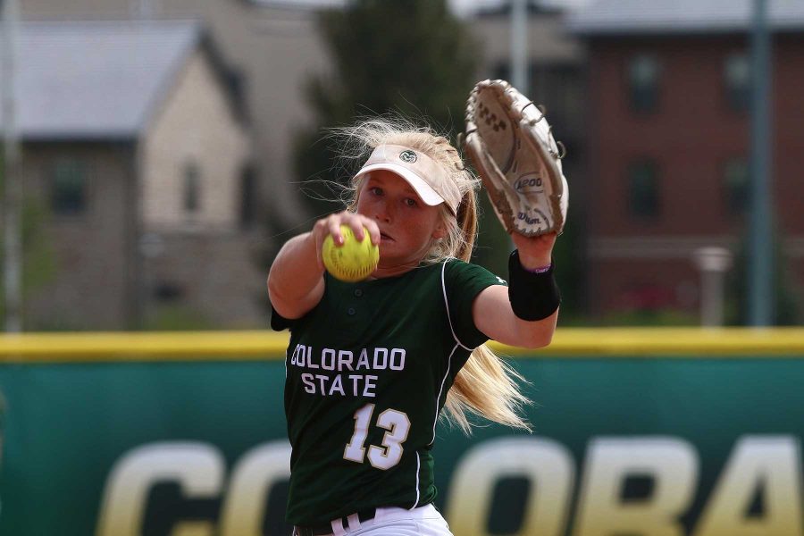 Colorado State pitcher Bridgette Hutton pitches during the third inning against South Dakota on Sunday May 7, 2017. (Elliott Jerge | Collegian)