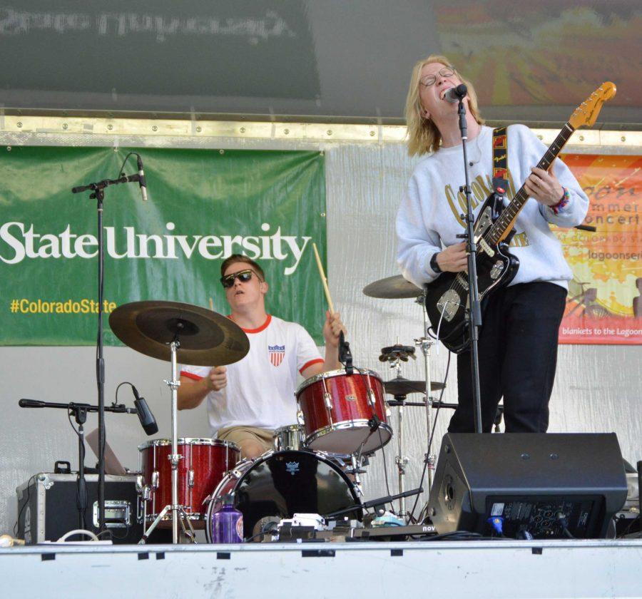 Jakob Mueller and Jackson Lamperes from Slow Caves perform a lively show at the Lagoon Summer Concert Series. Photo by Olive Ancell | Collegian
