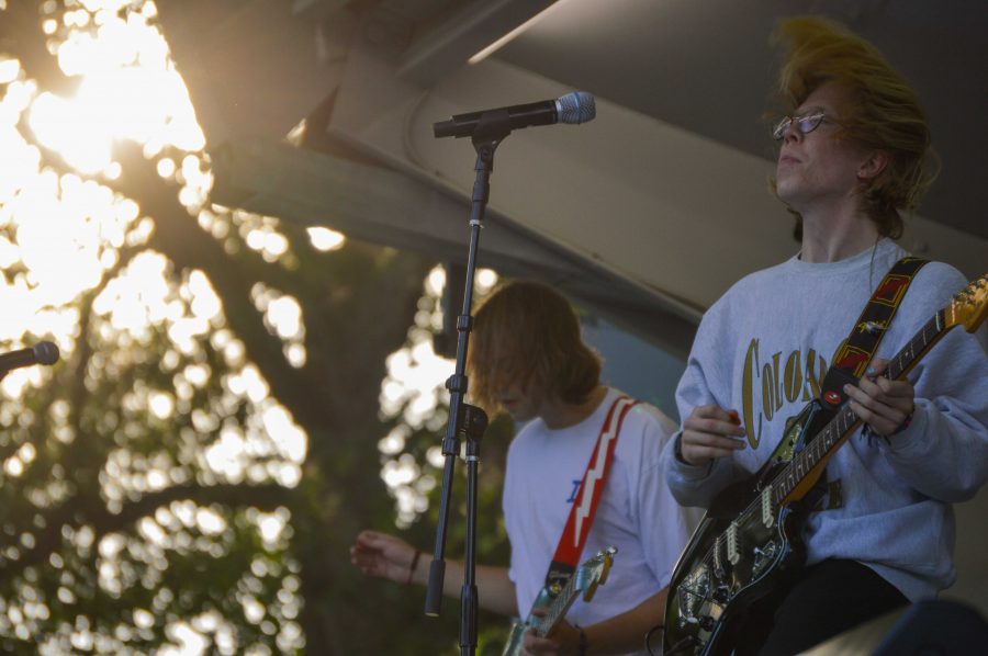 Hair was flipped from members David Dugan and Jakob Muller of Slow Caves at the Lagoon Summer Concert Series Wednesday. Photo by Olive Ancell | Collegian