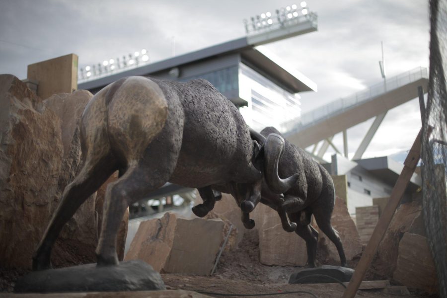 The Rocky Mountain Rumble statue sits in its new home at the new on-campus stadium on June 16, 2017. (Natalie Dyer | Collegian)