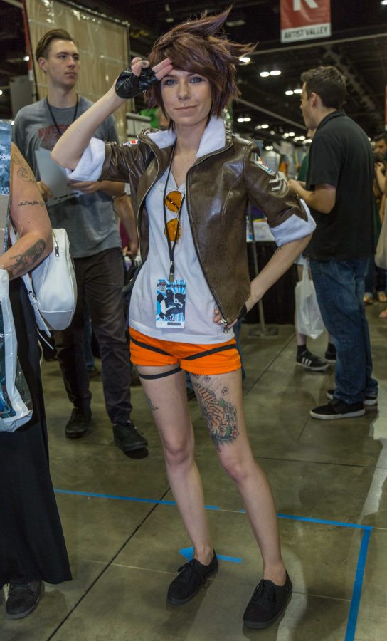 Maddi McConnell cosplays as Tracer from the video game Overwatch during Denver's Comic Con. (Davis Bonner | Collegian)