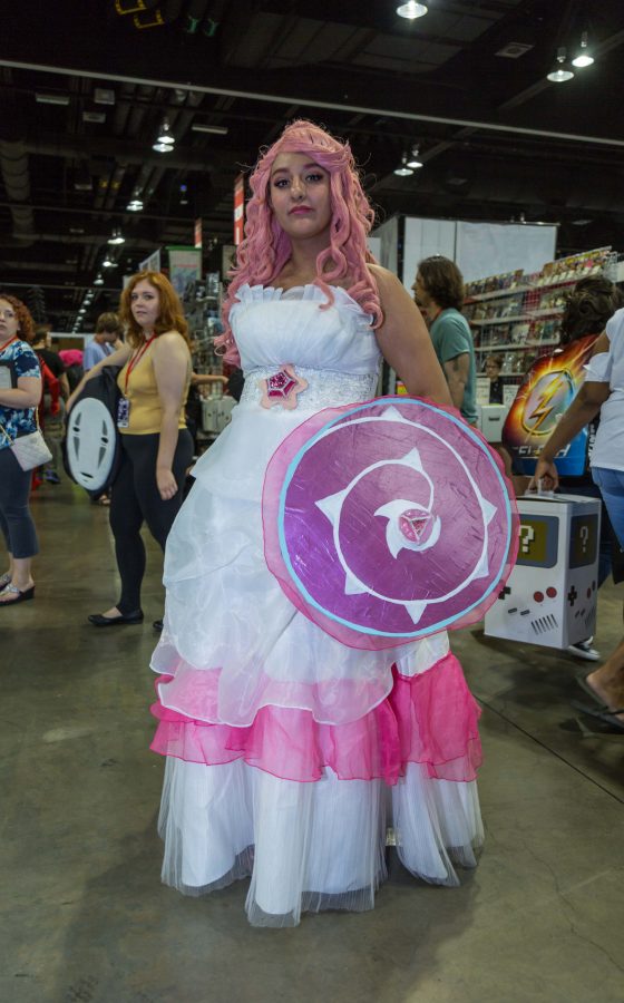 Jazemyn Rubalcaba cosplays as Rose Quartz from the TV show The Crystal Gems during Denvers Comic Con. (Davis Bonner | Collegian)