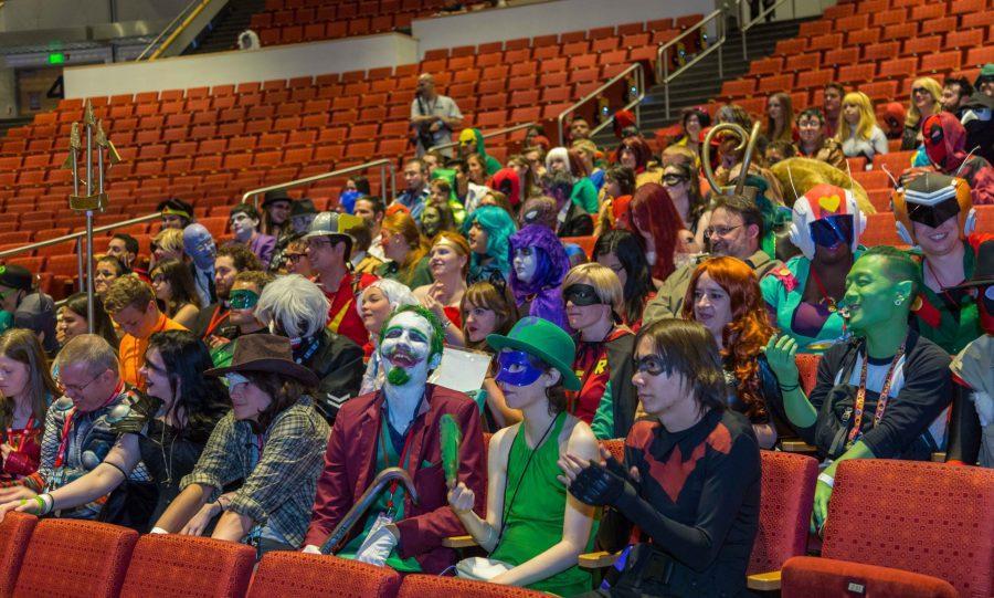 Cosplayers gather in the Buelle Theater to attempt breaking the Guinness World Record for most costumed people in the same place during Denver's Comic Con.  (Davis Bonner | Collegian)