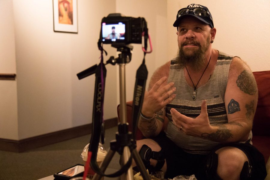 Kalen McCarthy, a transgender Navy veteran, spoke about his military experience and transition for Kim Chambers's documentary project about transgender veterans. (Julia Trowbridge | Collegian)