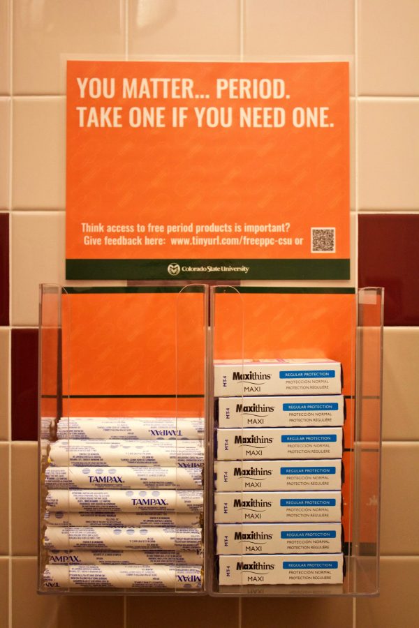 New this year, feminine products are being distributed free of charge in all gender bathrooms across campus such as this shown in the Plant Sciences building. (Matt Begeman | Collegian)