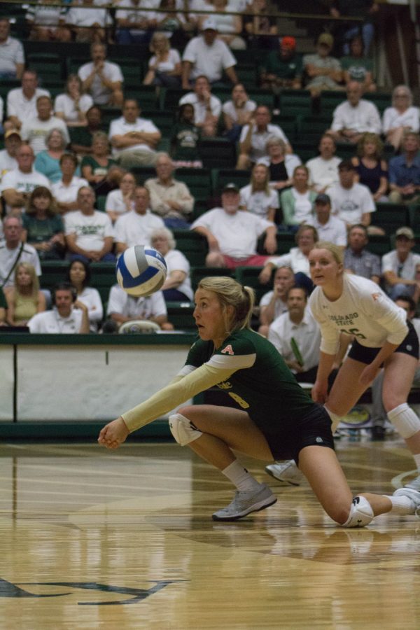 Sophomore libero, Amanda Young, passes the ball to her setter during the home opening game against Duke on August 25. The rams lost to Duke after a hard fought five sets. (@ashleypottsphoto | Collegian)