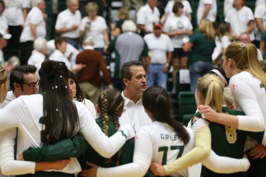 CSU Head Coach Tom Hilbert talks to his team after the season opener against Duke on August 25, 2017. The Rams were defeated in five hard fought sets. (Elliott Jerge | Collegian)