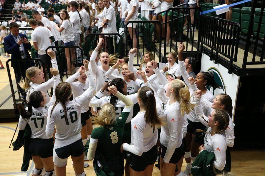 The Colorado State Volleyball Team gets hyped up before their season opener against Duke on August 25, 2017. The Rams played a hard fought battle but were in the end defeated in Five close sets. (Elliott Jerge | Collegian)