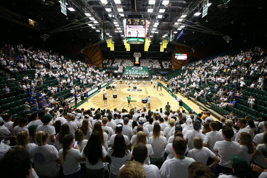 The Colorado State Ram Ruckus was in full attendance during CSU Volleyballs season opener against Duke on August 25, 2017. The Rams played a hard fought battle but in the end the Blue Devils won in five sets. (Elliott Jerge | Collegian)