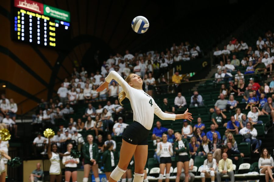 CSU Senior McKenna Thornlow serves during the home opener against the Duke Blue Devils on August 25, 2017. (Elliott Jerge | Collegian)