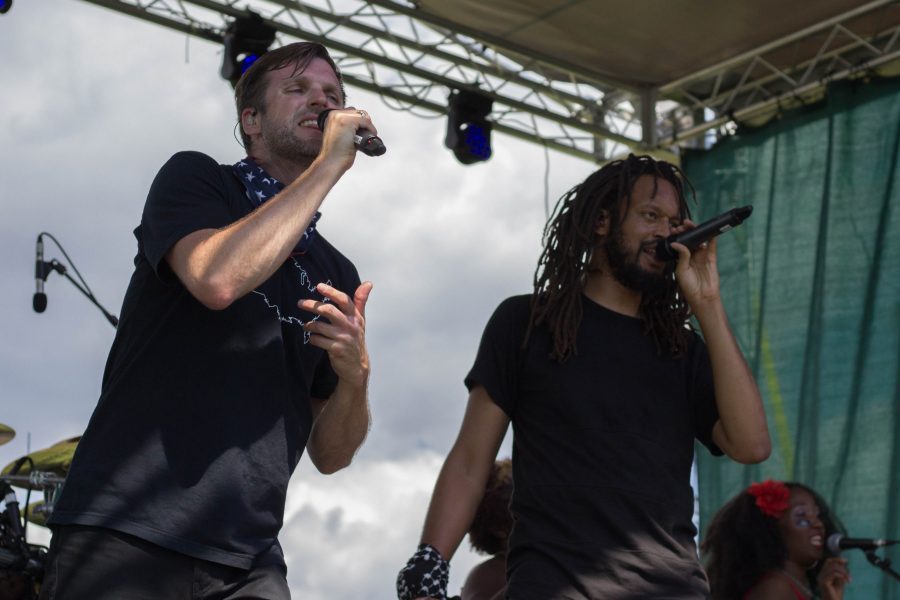 Jamie Jonny 5 Laurie and Stephen Brer Rabbit Brackett of the Denver based band, Flobots, perform at The MOB on August 26 ahead of the inaugural game at the new on-campus stadium. (@ashleypottsphoto | Collegian)