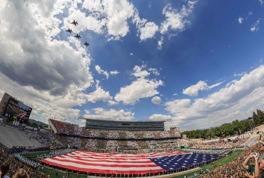 Four jet fighters fly over CSUs new stadium just before kickoff against Oregon State. (Davis Bonner | Collegian)