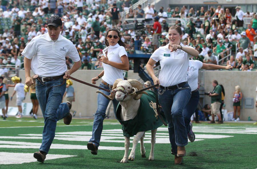 Ram the Ram and his Handlers run across the end zone after a Colorado State Touchdown. The Rams are leading the Beavers 24-20 at half on August 26, 2017. (Elliott Jerge | Collegian)