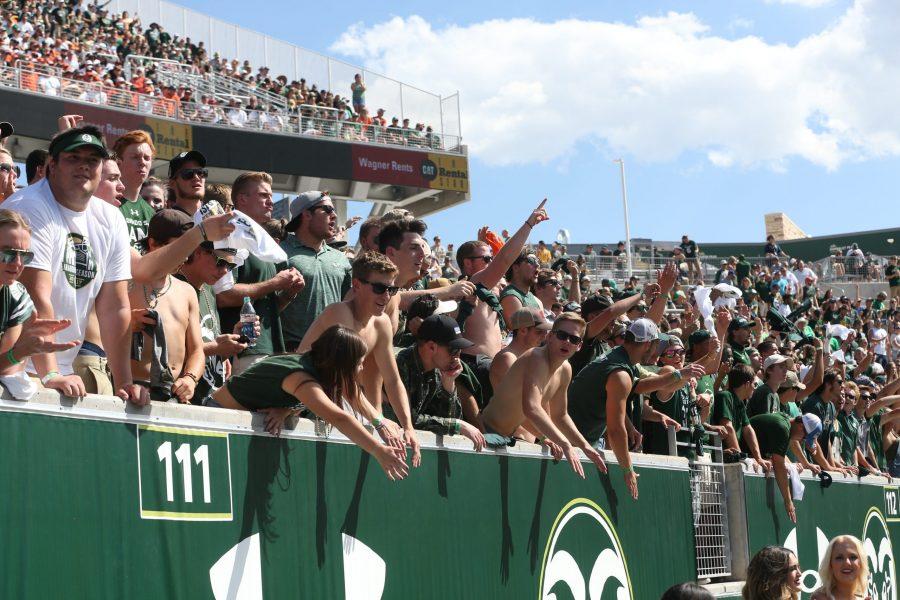 Students occupy the student section at the New On-Campus Stadium during the CSU Football game on August 26, 2017 against the Oregon Beavers. (Elliott Jerge | Collegian)