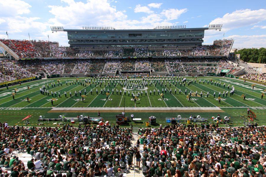 The CSU marching band preforms at halftime during the inaugural football game at the new on-campus stadium on August 26, 2017. (Jack Starkebaum | Collegian)