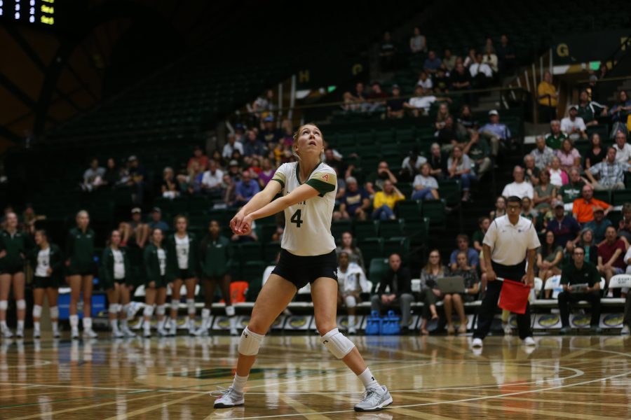 Colorado State Senior McKenna Thornlow digs the ball during the second set of action on August 29, 2017 against the University of Northern Colorado. The Rams defeated the Bears in three sets. (Elliott Jerge | Collegian)