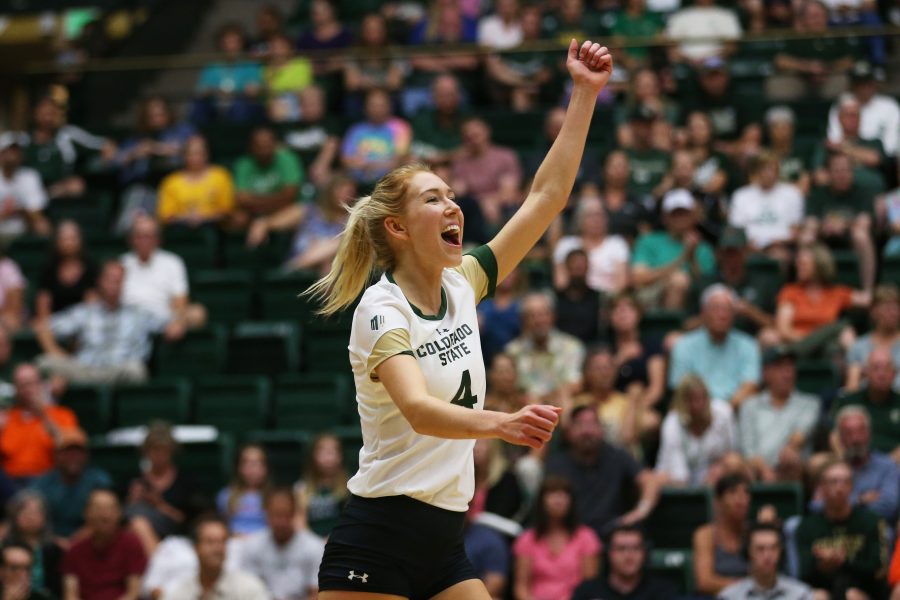 Colorado State Senior McKenna Thornlow celebrates a point against the University of Northern Colorado during a match on August 29, 2017. The Rams defeated the Bears in three sets, the Rams are now 2-1 on the season. (Elliott Jerge | Collegian)