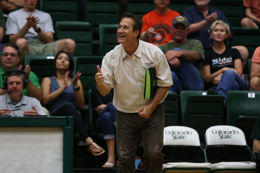Colorado State Volleyball Head Coach Tom Hilbert talks to his team during a break in play on August 29, 2017 against the University of Northern Colorado. The Rams defeated the Bears in three sets. (Elliott Jerge | Collegian)