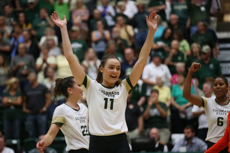 Colorado State sophomore Paulina Hougaard-Jensen celebrates a win against the University of Northern Colorado. The Rams defeated the Bears in three sets on Aug. 29 (Elliott Jerge | Collegian)