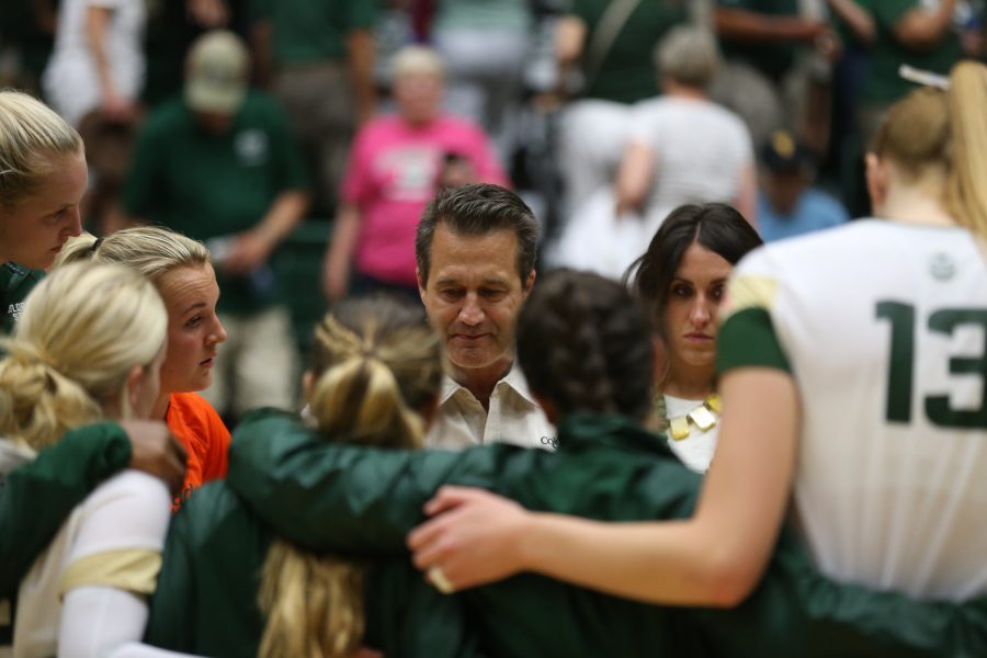 Colorado State Volleyball Head Coach Tom Hilbert talks to his team after the match on August 29, 2017 against the University of Northern Colorado. The Rams defeated the Bears in three sets. (Elliott Jerge | Collegian)