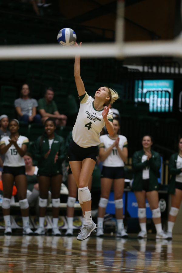 Colorado State Senior McKenna Thornlow serves during the first set against University of Northern Colorado. The Rams defeated the Bears in three sets on August 29, 2017 in Moby Arena. (Elliott Jerge | Collegian)