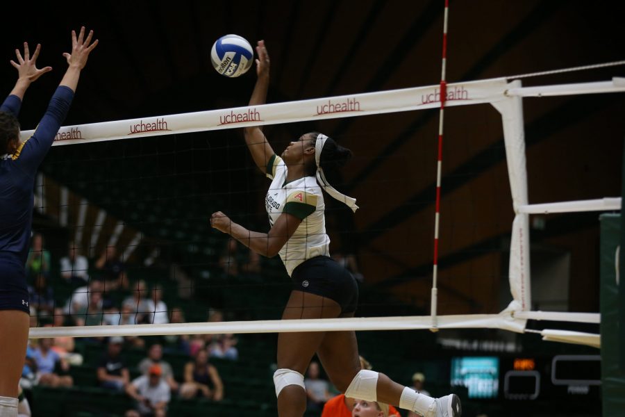 Colorado State Freshman Breana Runnels sends a ball over the net during the first set of action the University of Northern Colorado. The Rams defeated the Bears in three sets on August 29, 2017. (Elliott Jerge | Collegian)