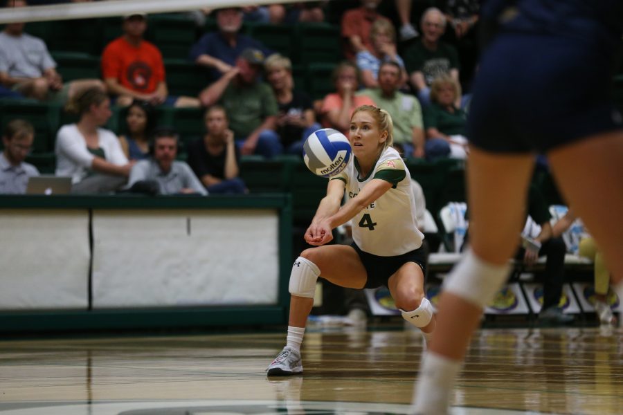 Colorado State Senior Mckenna Thornlow digs the ball during the first set of action against the University of Northern Colorado. The Rams defeated the Bears in three sets on August 29, 2017. (Elliott Jerge | Collegian)