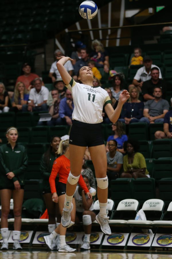 Colorado State Sophomore Paulina Hougaard-Jensen serves the ball during the second set of against against the University of Northern Colorado. The Rams defeated the Bears on August 29, 2017. (Elliott Jerge | Collegian)