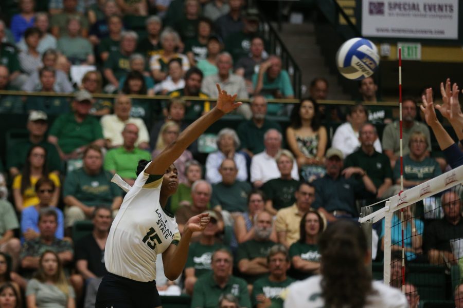 Colorado State Freshman Breana Runnels sends a ball over the net during the second set of action the University of Northern Colorado. The Rams defeated the Bears in three sets on August 29, 2017. (Elliott Jerge | Collegian)