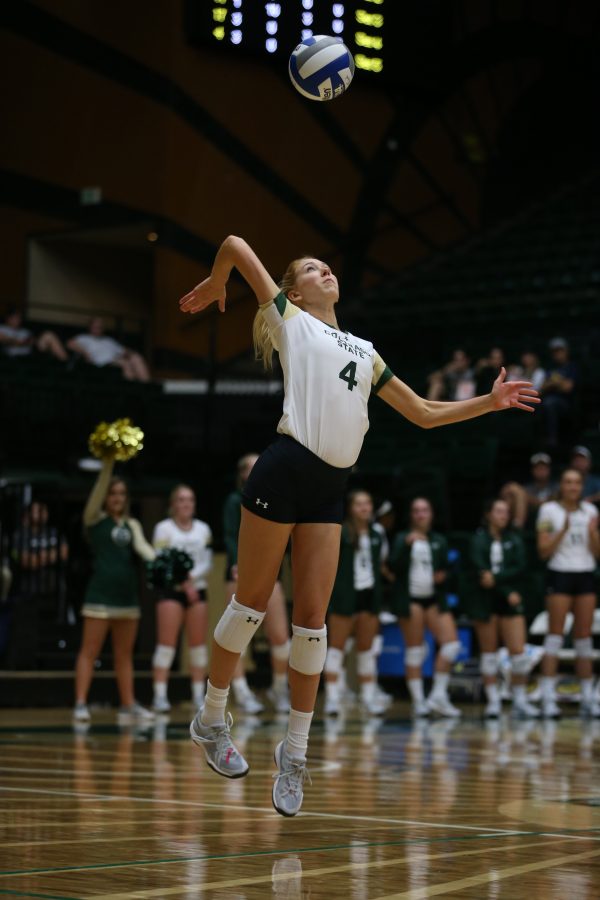 Colorado State Senior McKenna Thornlow serves during the second set of action against the University of Northern Colorado on August 29, 2017 The Rams defeated the Bears in three sets, the Rams are 2-1 on the season. (Elliott Jerge | Collegian)