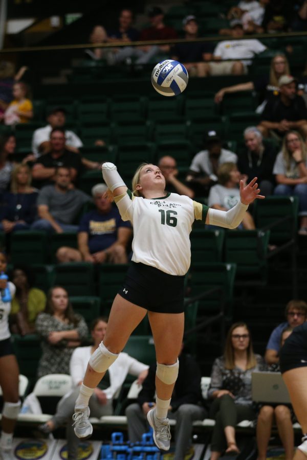 Colorado State Freshman Maddi Foutz serves during the second set of action against the University of Northern Colorado on August 29, 2017. The Rams defeated the Bears in three sets, the Rams are now 2-1 on the season. (Elliott Jerge | Collegian)