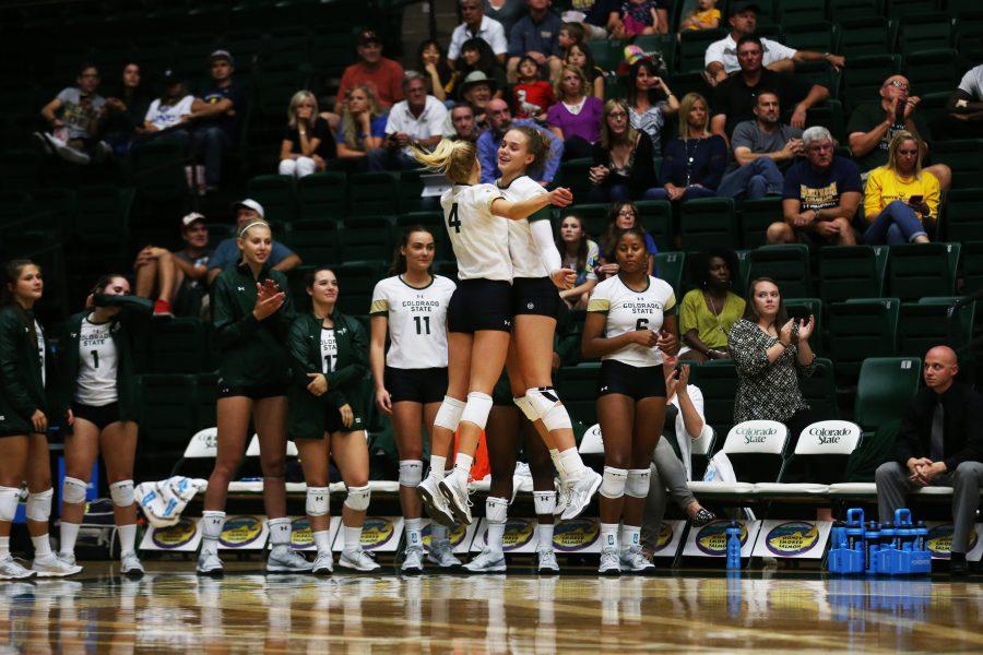 Colorado State Senior McKenna Thornlow and Sophomore Olivia Nicholson celebrate an Ace during the second set of action against the University of Northern Colorado. The Rams defeated the Bears in three sets on August 29, 2017. (Elliott Jerge | Collegian)