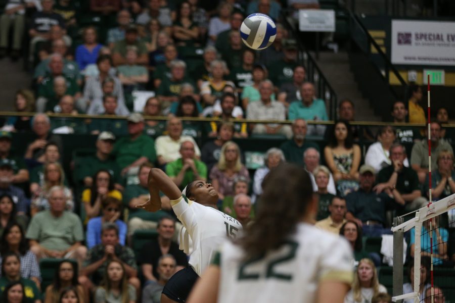 Colorado State Freshman Breana Runnels sends a ball over the net during the second set of action the University of Northern Colorado. The Rams defeated the Bears in three sets on August 29, 2017. (Elliott Jerge | Collegian)