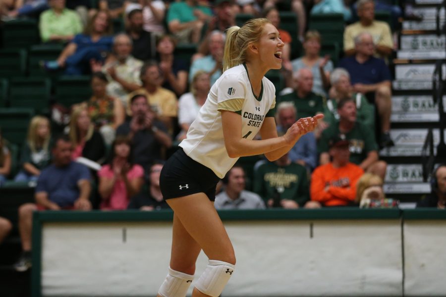 Colorado State Senior McKenna Thornlow celebrates a point against the University of Northern Colorado during a match on August 29, 2017. The Rams defeated the Bears in three sets, the Rams are now 2-1 on the season. (Elliott Jerge | Collegian)