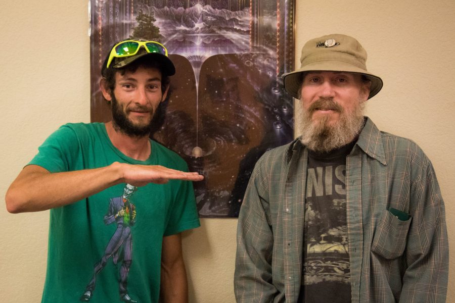 Donald Hailey and Chris Branch, two members of the Flat Earth and Other Forbidden Topics group, meet at the Purple Cup Cafe to discuss topics like the Earth being flat and the Mandala effect. (Julia Trowbridge | Collegian)