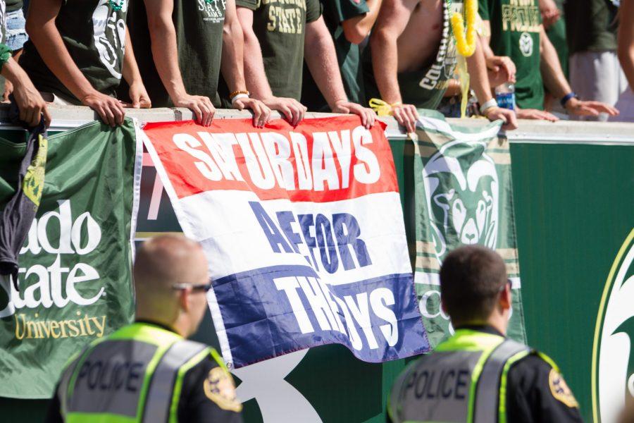 CSU students hold various signs up during the game, including one that says Saturdays are for the Boys during the CSU vs Oregon State game on 8/26/17. (Tony Villalobos May | Collegian)
