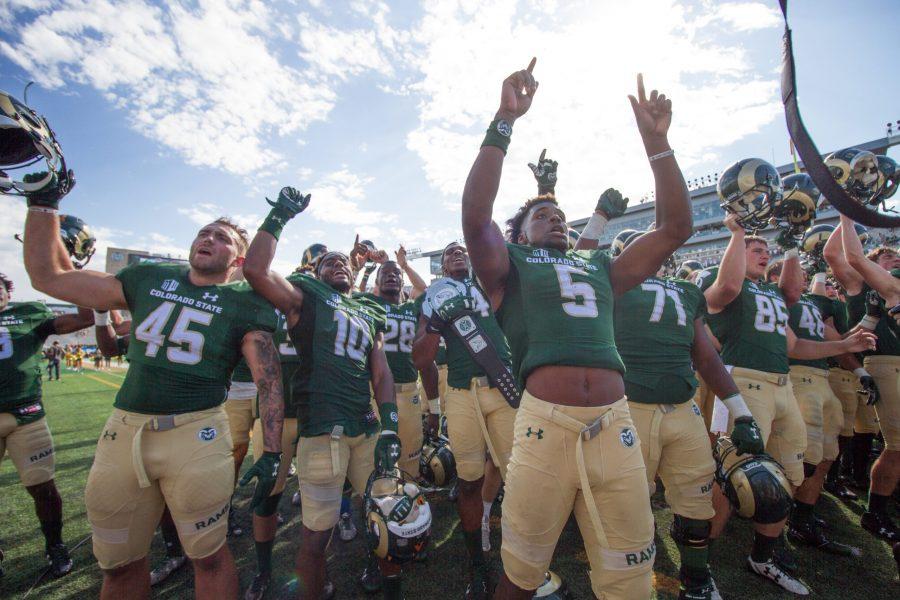 The CSU Football team sings fightsong with the CSU Marching Band winning the game against Oregon State on 8/26/17. (Tony Villalobos May | Collegian)