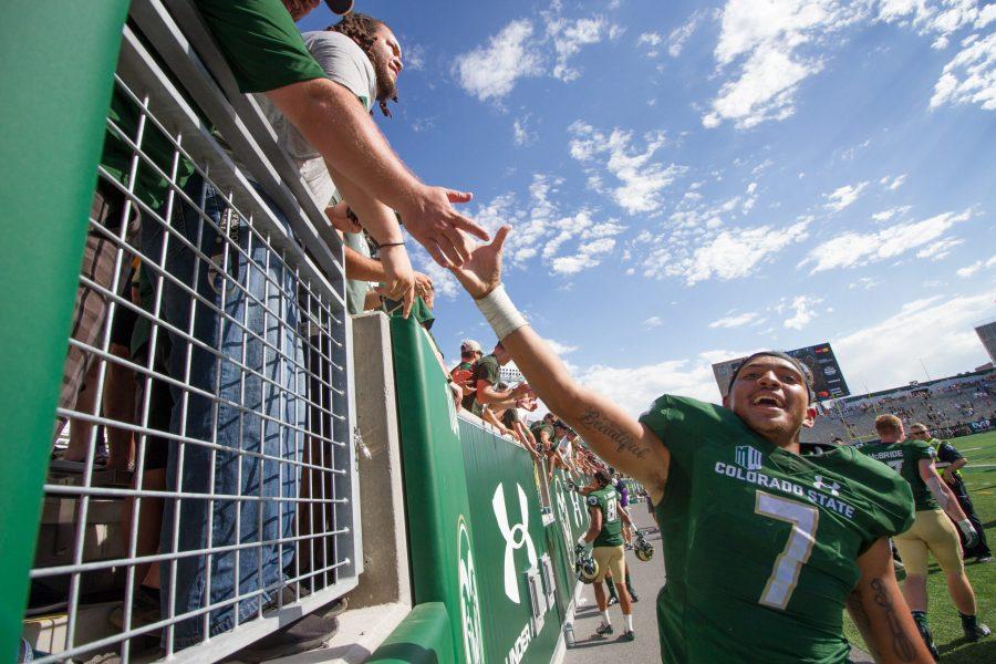 Jamal Hicks, #7 sophomore safery high fives a player after the game against Oregon State on 8/26/17. (Tony Villalobos May | Collegian)