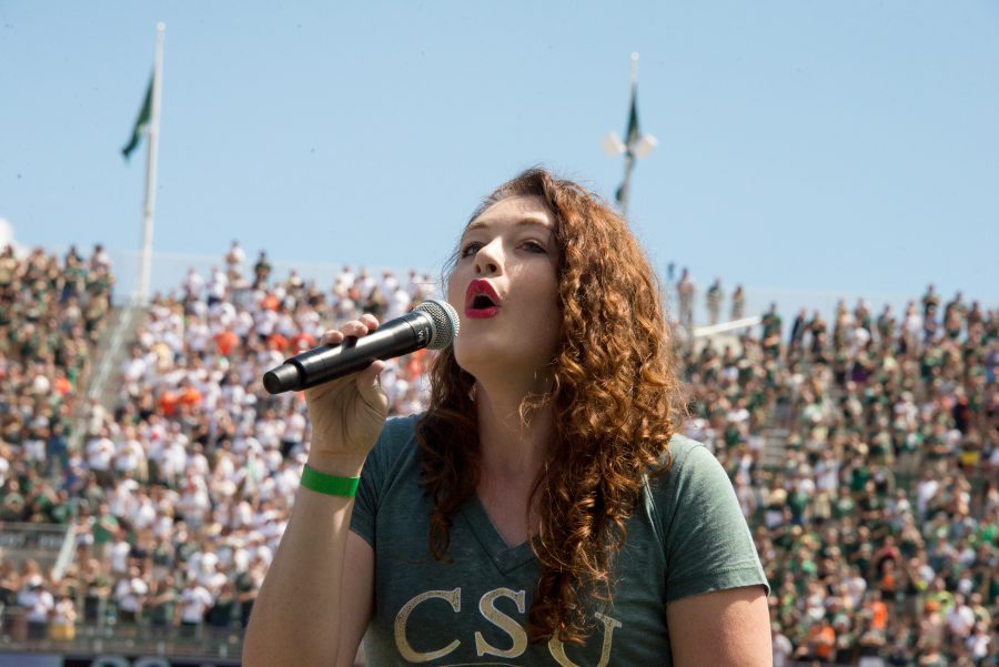 Americas Got Talent singer and former CSU  music student Mandy Harvey is a deaf singer who specializes in jazz, songwriting and pop, performed the national anthem for the inaguaral game of the on-campus stadium on Aug. 26, 2017. (Photo courtesy of Jennifer Clary Jacobs/School of Music, Theater and Dance)