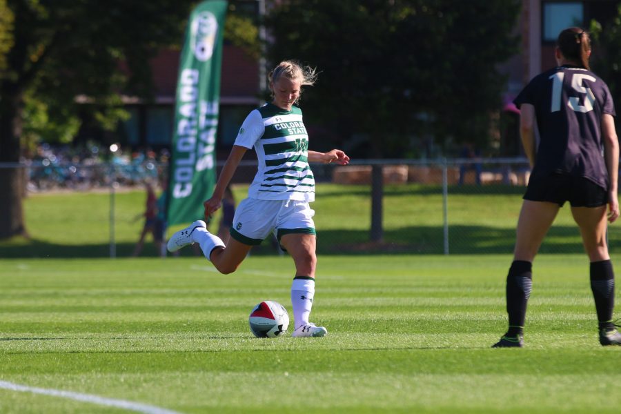 CSU Junior Kaija Ornes sends a ball deep into CU territory during CSU home opener on August 18. CSU and CU ended the game tied at zero. (Elliott Jerge | Collegian)