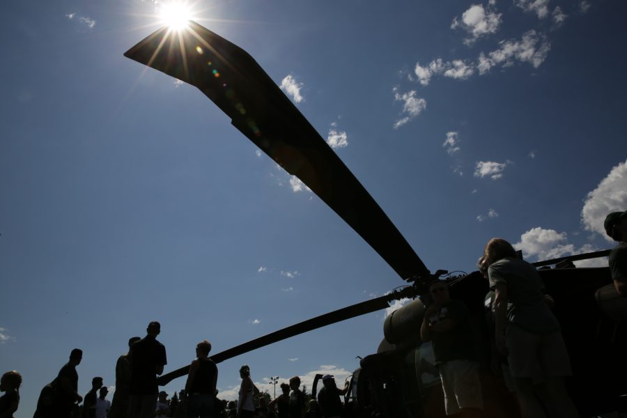 A UH-60 Black Hawk helicopter is on display on the Intramural sports fields at Colorado State University before the start of the first football game of the 2017 season on Saturday, August 26th. Forrest Czarnecki | The Collegian