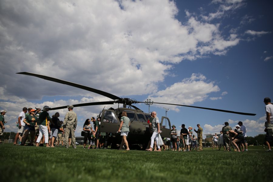A UH-60 Black Hawk helicopter is displayed on the Intramural sports fields at Colorado State University before the start of the first football game of the 2017 season on Saturday, August 26th. Forrest Czarnecki | The Collegian