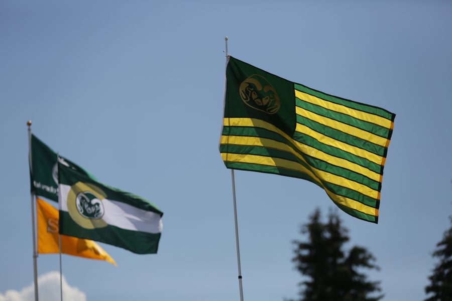 Colorado State University themed flags fly above tailgating cars and trucks before the start of Colorado State University's first football game of the 2017 season on Saturday, August 26th. Forrest Czarnecki | The Collegian