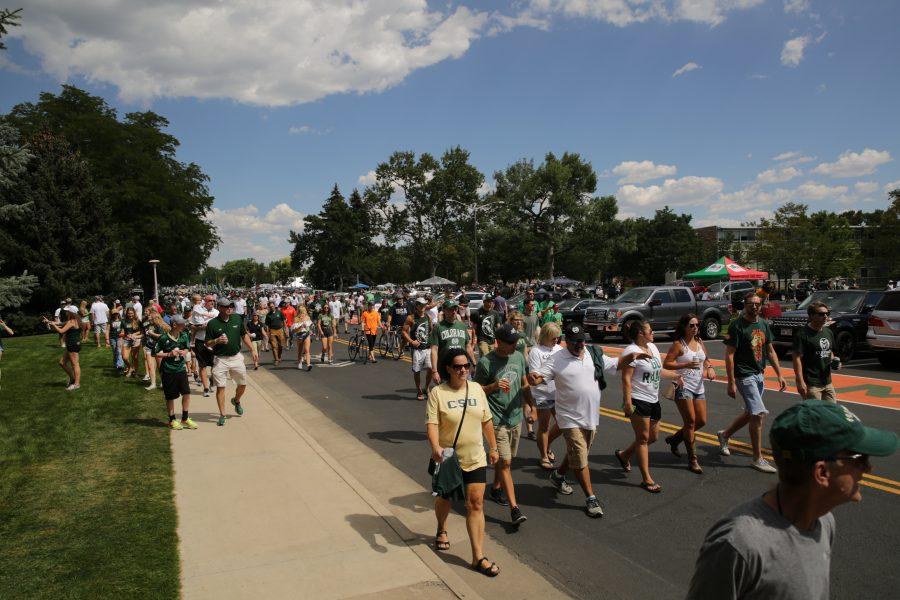 Football fans make their way toward the new stadium on the south side of the Colorado State University campus before the start of the first game of the season against Oregon State, on Saturday, August 26th. Forrest Czarnecki | The Collegian